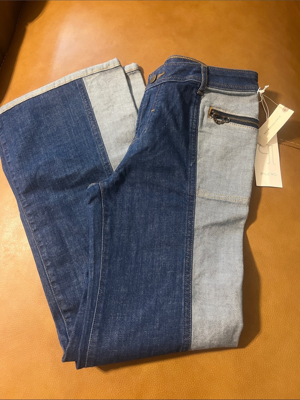 Pilcro Two-Tone Indigo and Light Blue Flare Jeans